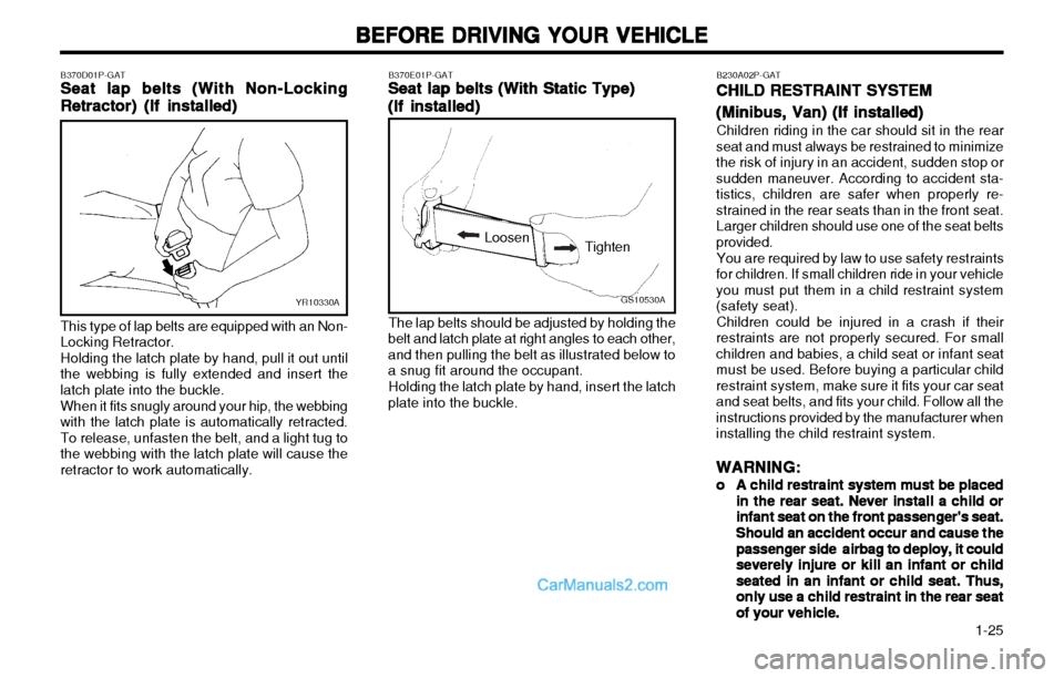 Hyundai H-1 (Grand Starex) 2003  Owners Manual   1-25
BEFORE DRIVING YOUR VEHICLE
BEFORE DRIVING YOUR VEHICLE BEFORE DRIVING YOUR VEHICLE
BEFORE DRIVING YOUR VEHICLE
BEFORE DRIVING YOUR VEHICLE
B230A02P-GATCHILD RESTRAINT SYSTEM
CHILD RESTRAINT SY