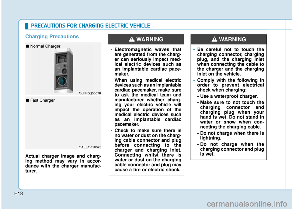 Hyundai Ioniq Electric 2019  Owners Manual - RHD (UK, Australia) H18
Charging Precautions
Actual charger image and charg-
ing method may vary in accor-
dance with the charger manufac-
turer.
Electromagnetic waves that
are generated from the charg-
er can seriously 