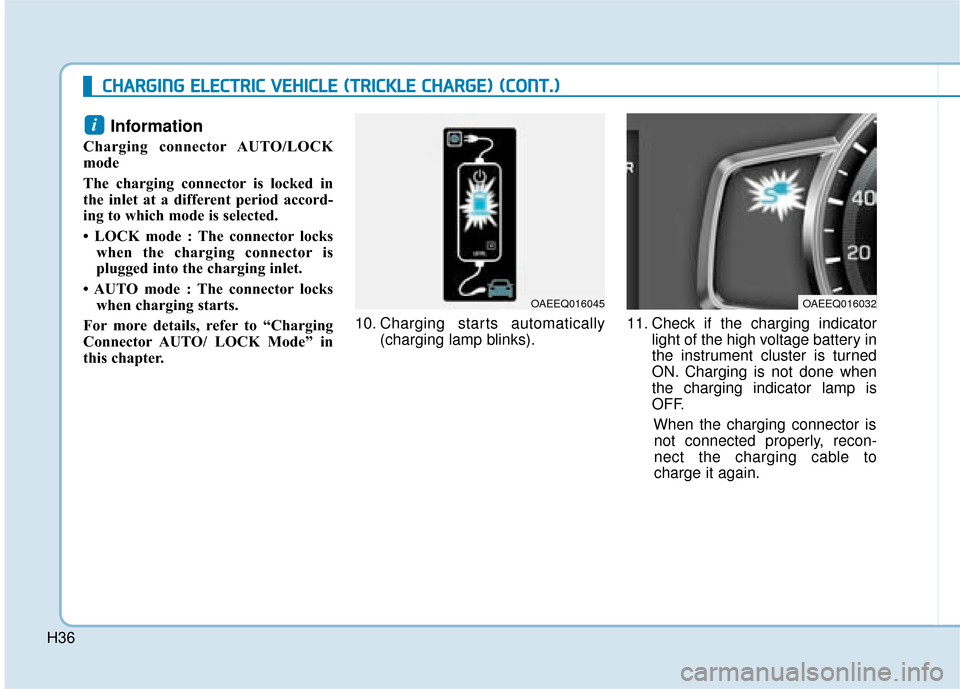 Hyundai Ioniq Electric 2019  Owners Manual - RHD (UK, Australia) H36
Information 
Charging connector AUTO/LOCK
mode
The charging connector is locked in
the inlet at a different period accord-
ing to which mode is selected.  
• LOCK mode : The connector lockswhen 