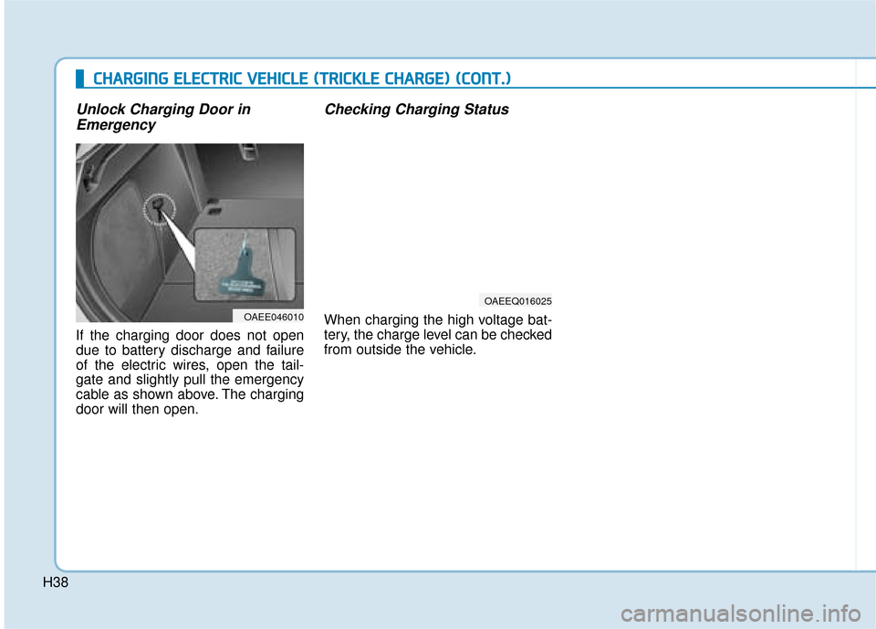 Hyundai Ioniq Electric 2019  Owners Manual - RHD (UK, Australia) H38
Unlock Charging Door inEmergency
If the charging door does not open
due to battery discharge and failure
of the electric wires, open the tail-
gate and slightly pull the emergency
cable as shown a