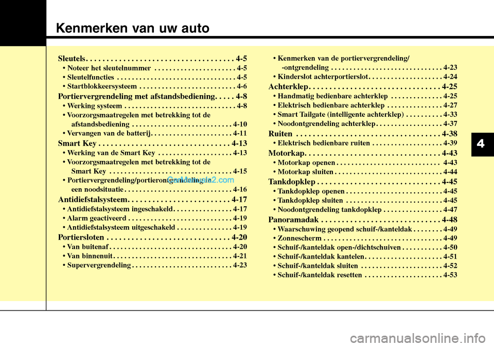 Hyundai Santa Fe 2017  Handleiding (in Dutch) Kenmerken van uw auto
Sleutels . . . . . . . . . . . . . . . . . . . . . . . . . . . . . . . . . . . . 4-5• Noteer het sleutelnummer . . . . . . . . . . . . . . . . . . . . . . 4-5 
• Sleutelfunct