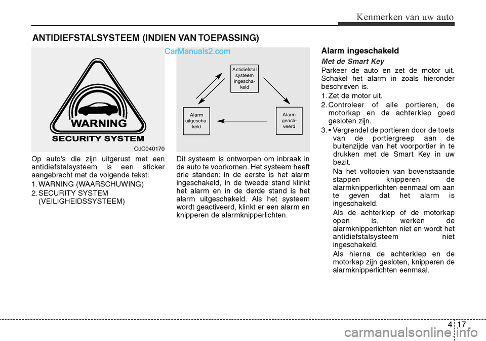 Hyundai Santa Fe 2017  Handleiding (in Dutch) 417
Kenmerken van uw auto
Op autos die zijn uitgerust met een 
antidiefstalsysteem is een sticker
aangebracht met de volgende tekst: 
1. WARNING (WAARSCHUWING)
2. SECURITY SYSTEM(VEILIGHEIDSSYSTEEM) 