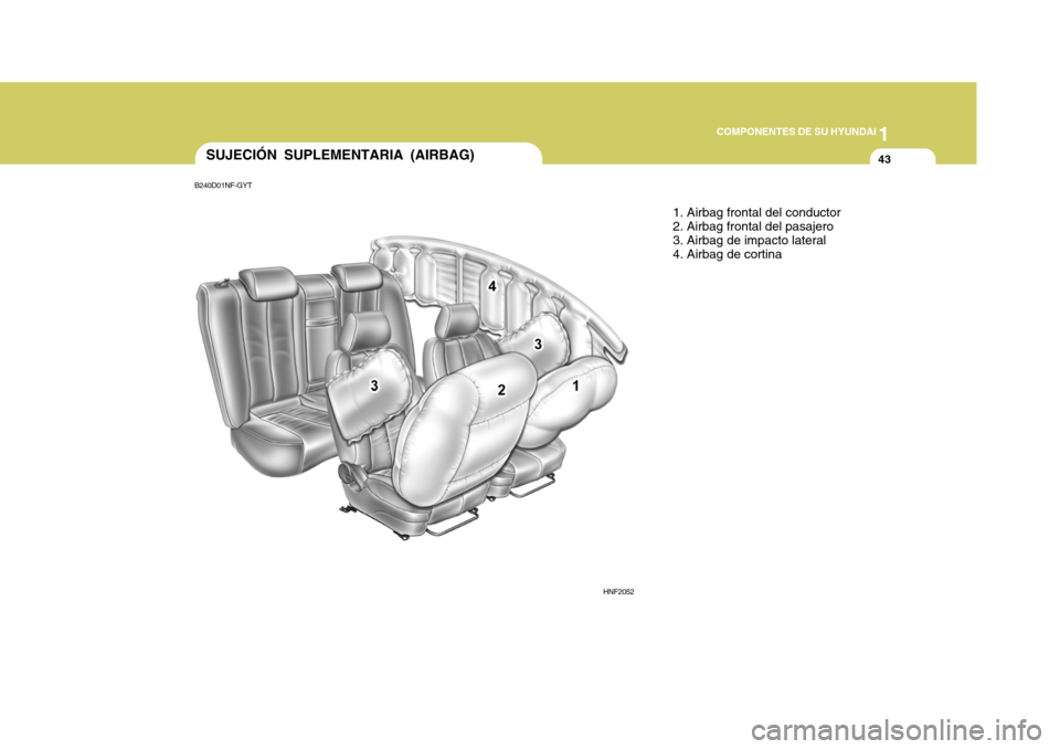 Hyundai Sonata 1
COMPONENTES DE SU HYUNDAI
43SUJECIÓN SUPLEMENTARIA (AIRBAG)
1. Airbag frontal del conductor 2. Airbag frontal del pasajero3. Airbag de impacto lateral 4. Airbag de cortina
HNF2052
B240D01NF-GYT  