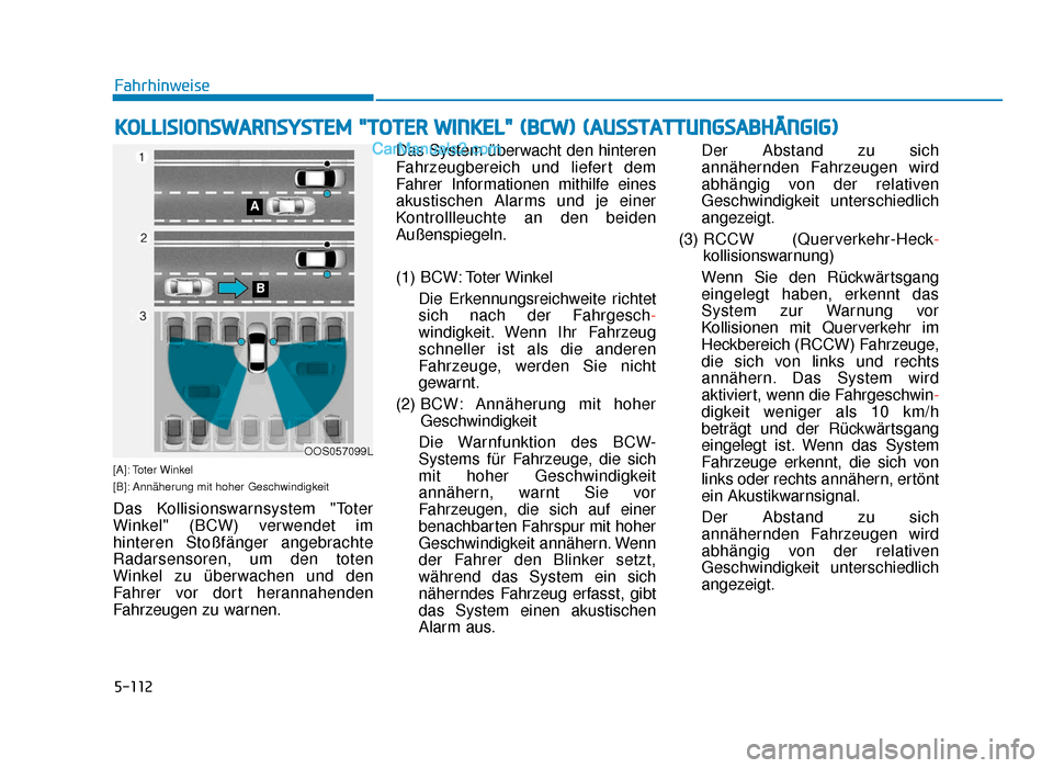 Hyundai Tucson 2019  Betriebsanleitung (in German) 5-112
[A]: Toter Winkel
[B]: Annäherung mit hoher Geschwindigkeit
Das Kollisionswarnsystem "Toter
Winkel" (BCW) verwendet im
hinteren Stoßfänger angebrachte
Radarsensoren, um den toten
Winkel zu ü