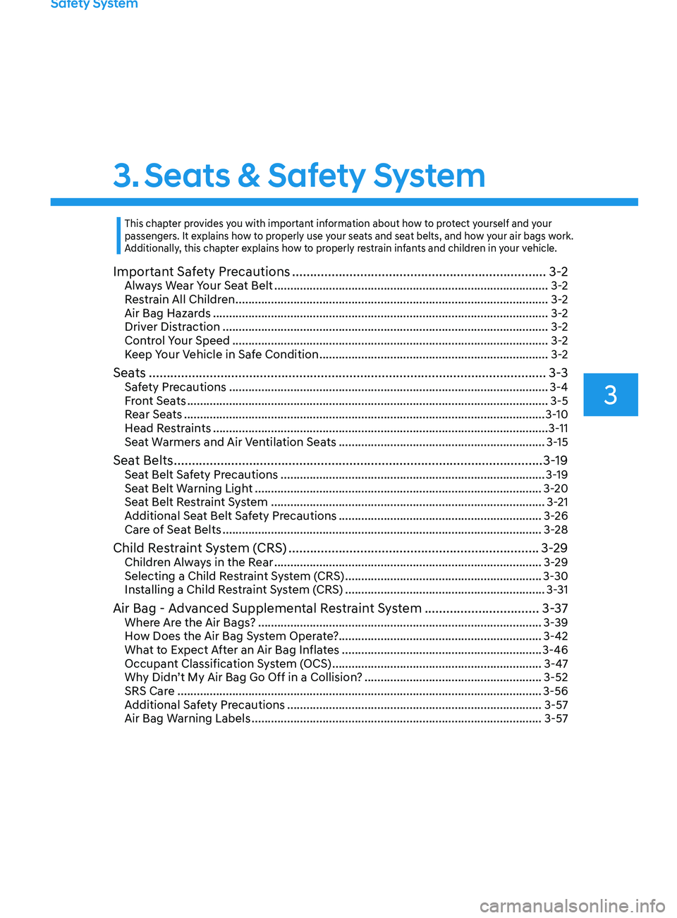 HYUNDAI SONATA LIMITED 2021  Owners Manual Safety System
3. Seats & Safety System
3
Important Safety Precautions ....................................................................... 3 -2Always Wear Your Seat Belt ...........................