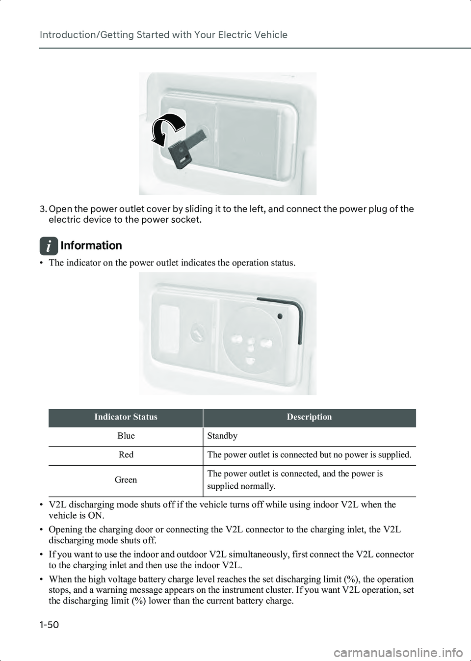 HYUNDAI IONIQ 6 2023  Owners Manual Introduction/Getting Started with Your Electric Vehicle
1-50
B0002502
3. Open the power outlet cover by sliding it to the left, and connect the power plug of the electric device to the power socket.
I