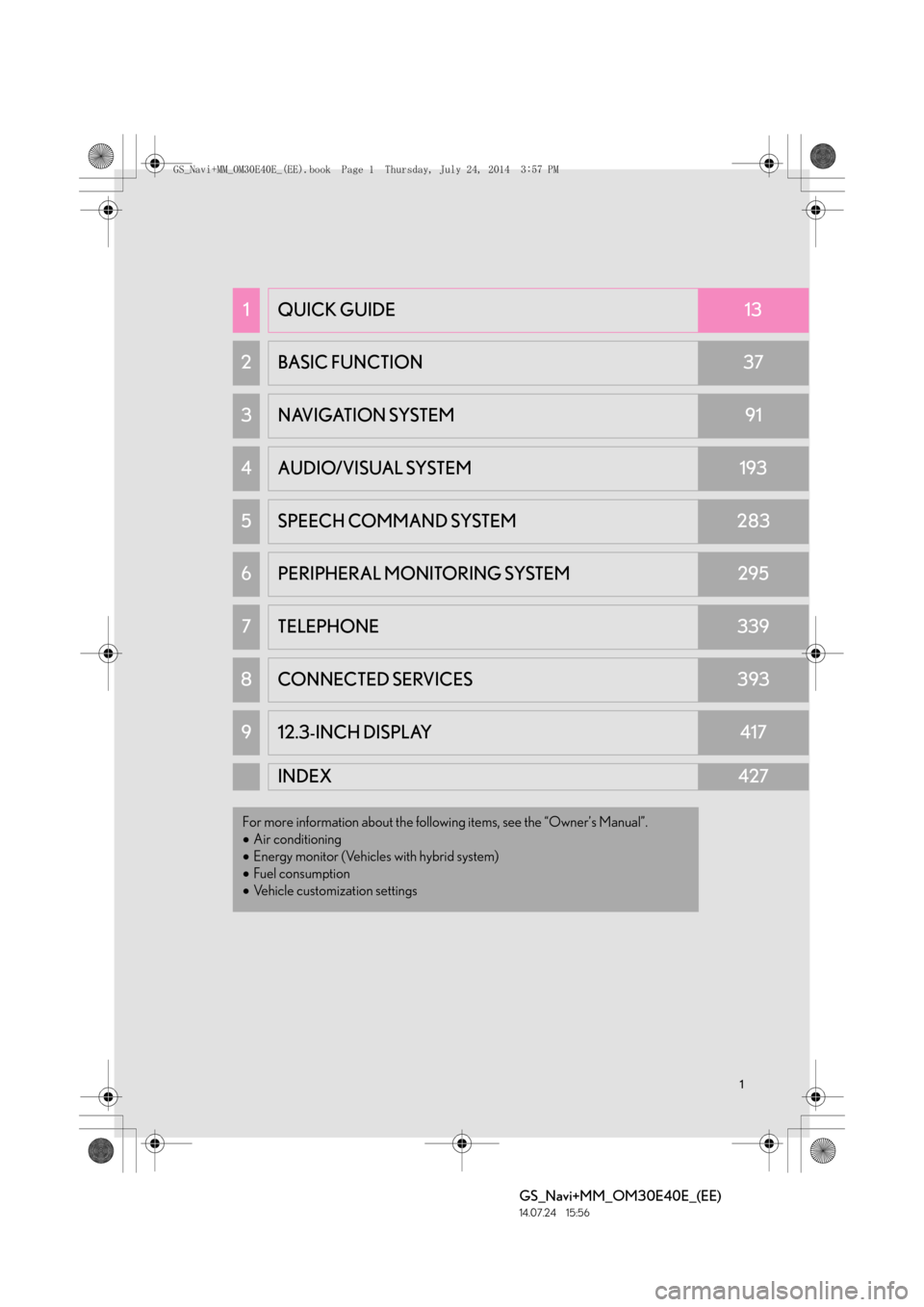 Lexus GS350 2014  Navigation manual 1
GS_Navi+MM_OM30E40E_(EE)
14.07.24     15:56
1QUICK GUIDE13
2 BASIC FUNCTION37
3NAVIGATION SYSTEM91
4AUDIO/VISUAL SYSTEM193
5 SPEECH COMMAND SYSTEM283
6PERIPHERAL MONITORING SYSTEM295
7TELEPHONE339
8