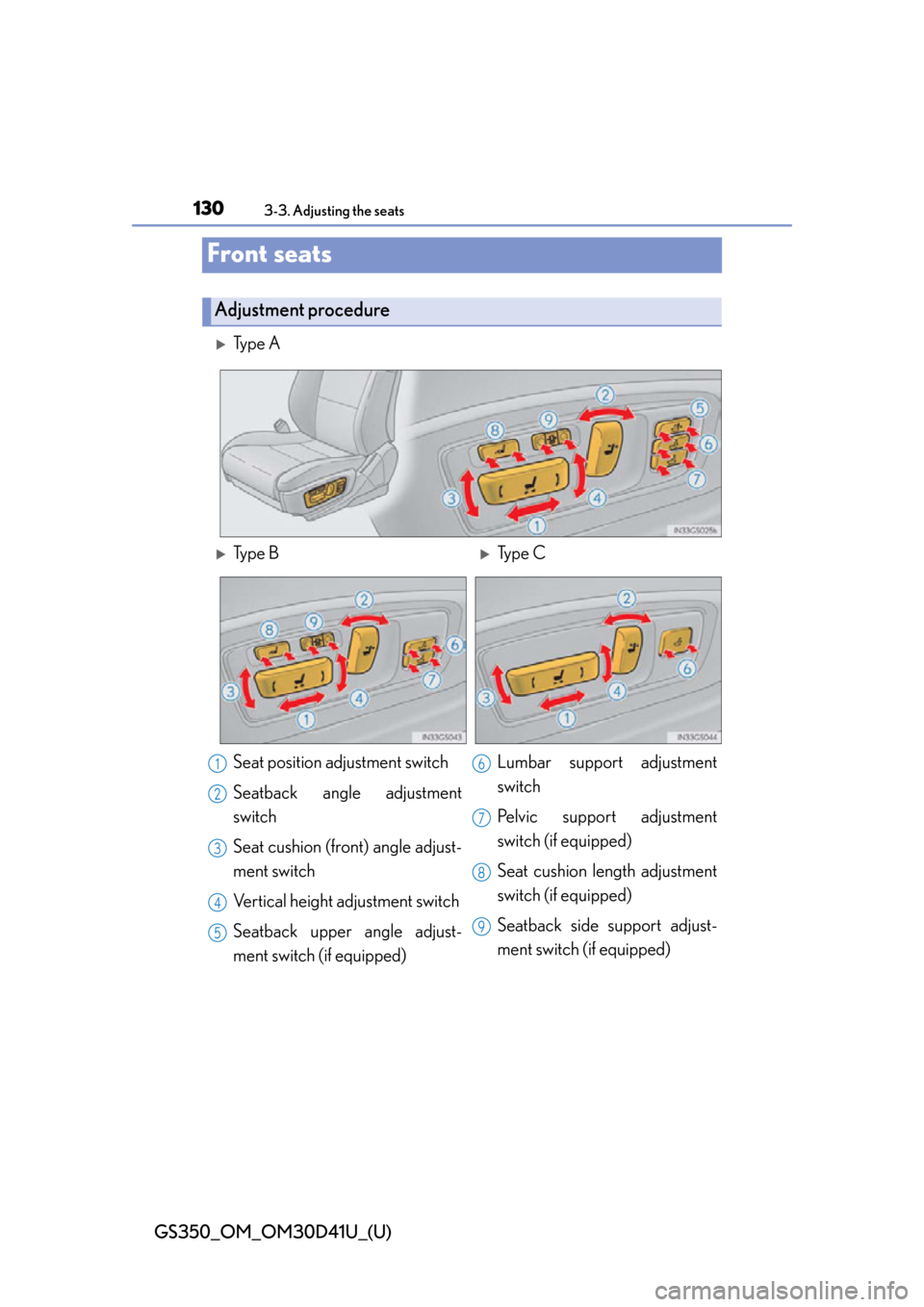 Lexus GS350 2014  Do-it-yourself maintenance / LEXUS 2014 GS350 OWNERS MANUAL (OM30D41U) 130
GS350_OM_OM30D41U_(U)
3-3. Adjusting the seats
Front seats
Ty p e  A
Adjustment procedure
Ty p e  BType C
Seat position adjustment switch
Seatback angle adjustment
switch
Seat cushion (fr