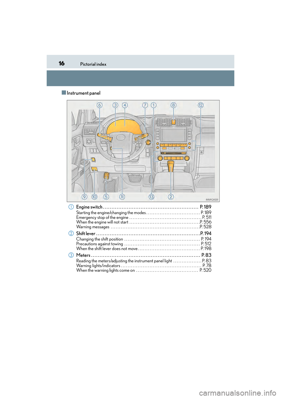 Lexus GX460 2017  Owners Manual 16Pictorial index
GX 460 _O M_ OM6 0F 6 8U _(U )
■Instrument panel
Engine switch . . . . . . . . . . . . . . . . . . . . . . . . . . . . . . . . . . . . . . . . . . . . . . . . . . . . . . . .  P . 