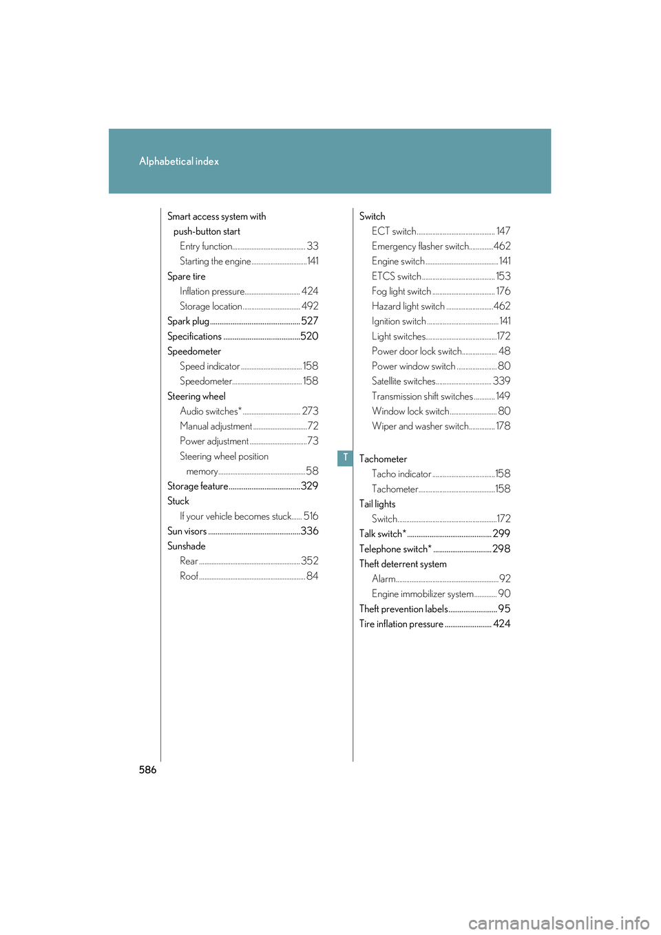 Lexus IS250 2012  Owners Manual 586
Alphabetical index
IS350/250_U
Smart access system with push-button start
Entry function.......................................... 33
Starting the engine ................................141
Spare 