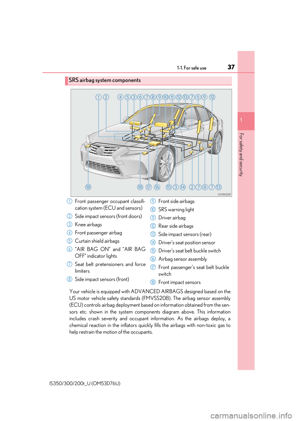 Lexus IS300 2017  Owners Manual / LEXUS 2017 IS200T,IS300,IS350 OWNERS MANUAL (OM53D76U) 371-1. For safe use
1
For safety and security
IS350/300/200t_U (OM53D76U)
Your vehicle is equipped with ADVANCED AIRBAGS designed based on the
US motor vehicle safety standards (F MVSS208). The airbag