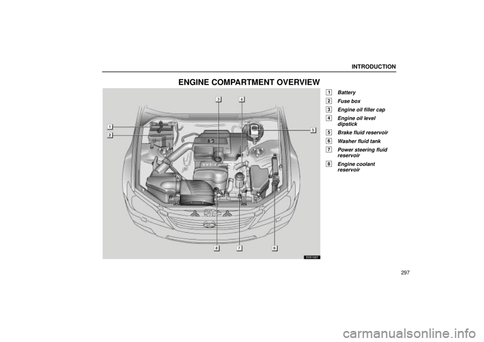 Lexus IS300 2002  Gauges, Meters And Service Reminder Indicators / LEXUS 2002 IS300 WAGON OWNERS MANUAL (OM53423U) INTRODUCTION
297
ENGINE COMPARTMENT OVERVIEW
1Battery
2Fuse box
3Engine oil filler cap
4Engine oil leveldipstick
5Brake fluid reservoir
6Washer fluid tank
7Power steering fluidreservoir
8Engine coolan