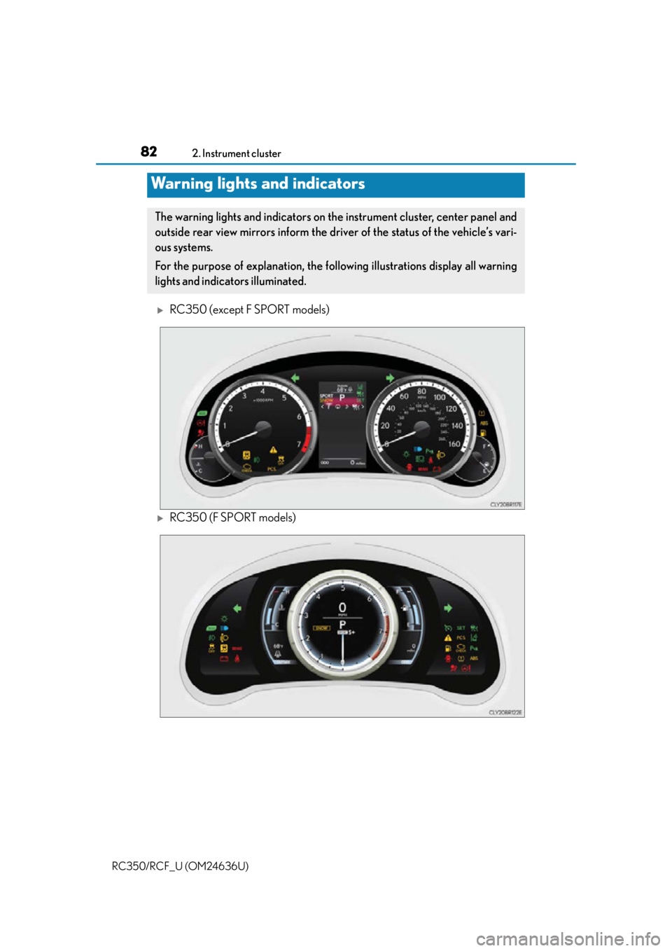 LEXUS RC350 2015  Owners Manual 82
RC350/RCF_U (OM24636U)2. Instrument cluster
RC350 (except F SPORT models)
RC350 (F SPORT models)
Warning lights and indicators
The warning lights and indicators on th
e instrument cluster, ce