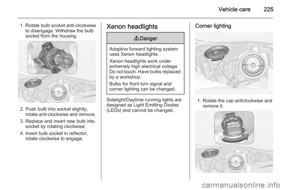 OPEL INSIGNIA 2014  Manual user Vehicle care225
1. Rotate bulb socket anti-clockwiseto disengage. Withdraw the bulb
socket from the housing.
2. Push bulb into socket slightly, rotate anti-clockwise and remove.
3. Replace and insert 