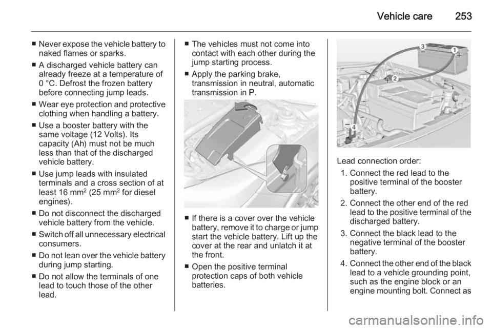 OPEL INSIGNIA 2014  Manual user Vehicle care253
■Never expose the vehicle battery to
naked flames or sparks.
■ A discharged vehicle battery can already freeze at a temperature of
0 °C. Defrost the frozen battery
before connecti