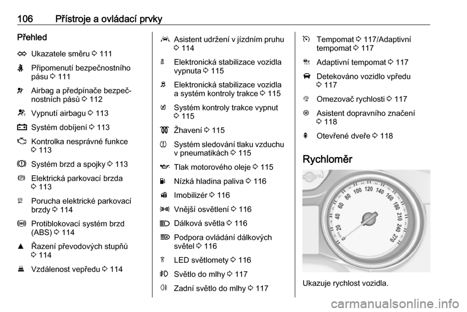 OPEL ASTRA K 2018  Uživatelská příručka (in Czech) 106Přístroje a ovládací prvkyPřehledOUkazatele směru 3 111XPřipomenutí bezpečnostního
pásu  3 111vAirbag a předpínače bezpeč‐
nostních pásů  3 112VVypnutí airbagu  3 113pSystém d