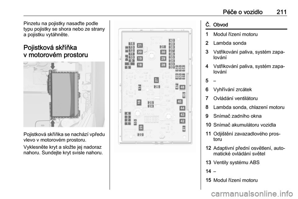 OPEL CASCADA 2017.5  Uživatelská příručka (in Czech) Péče o vozidlo211Pinzetu na pojistky nasaďte podle
typu pojistky se shora nebo ze strany
a pojistku vytáhněte.
Pojistková skříňka
v motorovém prostoru
Pojistková skříňka se nachází vp�