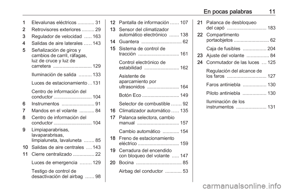OPEL MERIVA 2016.5  Manual de Instrucciones (in Spanish) En pocas palabras111Elevalunas eléctricos ............31
2 Retrovisores exteriores .........29
3 Regulador de velocidad  .....163
4 Salidas de aire laterales .....143
5 Señalización de giros y
camb