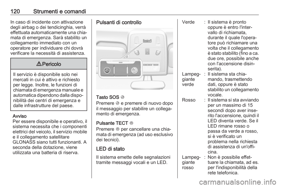 OPEL ASTRA J 2017  Manuale di uso e manutenzione (in Italian) 120Strumenti e comandiIn caso di incidente con attivazione
degli airbag o dei tendicinghia, verrà
effettuata automaticamente una chia‐ mata di emergenza. Sarà stabilito un
collegamento immediato c