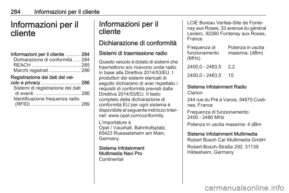 OPEL COMBO E 2020  Manuale di uso e manutenzione (in Italian) 284Informazioni per il clienteInformazioni per il
clienteInformazioni per il cliente ...........284
Dichiarazione di conformità .....284
REACH .................................... 285
Marchi registra