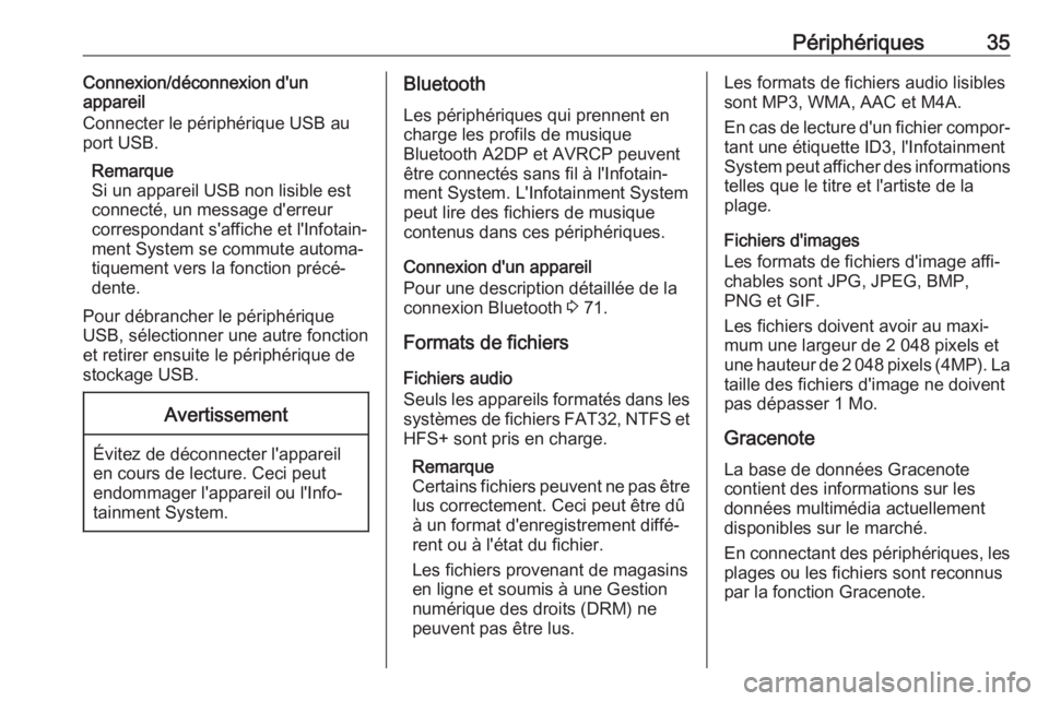 OPEL ASTRA J 2017  Manuel multimédia (in French) Périphériques35Connexion/déconnexion d'un
appareil
Connecter le périphérique USB au port USB.
Remarque
Si un appareil USB non lisible est
connecté, un message d'erreur
correspondant s