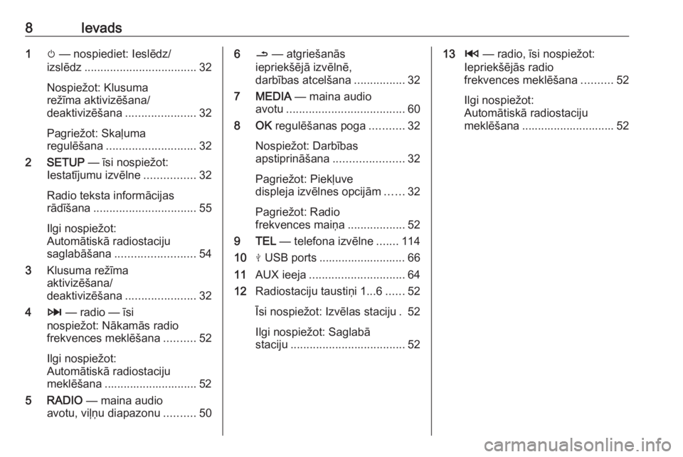 OPEL VIVARO B 2018  Informācijas un izklaides sistēmas rokasgrāmata (in Latvian) 8Ievads1m — nospiediet: Ieslēdz/
izslēdz ................................... 32
Nospiežot: Klusuma
režīma aktivizēšana/
deaktivizēšana ......................32
Pagriežot: Skaļuma
regulē�