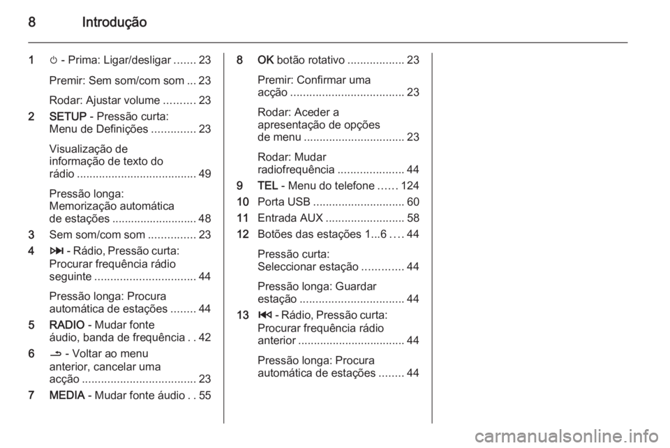 OPEL VIVARO B 2015.5  Manual de Informação e Lazer (in Portugues) 8Introdução
1m - Prima: Ligar/desligar .......23
Premir: Sem som/com som ... 23
Rodar: Ajustar volume ..........23
2 SETUP  - Pressão curta:
Menu de Definições ..............23
Visualização de
