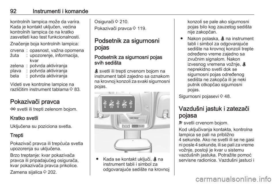 OPEL CROSSLAND X 2019  Uputstvo za upotrebu (in Serbian) 92Instrumenti i komandekontrolnih lampica može da varira.
Kada je kontakt uključen, većina
kontrolnih lampica će na kratko
zasvetleti kao test funkcionalnosti.
Značenje boja kontrolnih lampica:cr