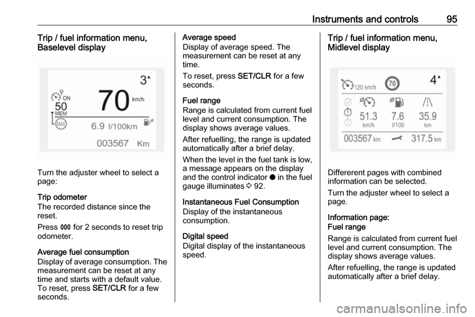 VAUXHALL CROSSLAND X 2019  Owners Manual Instruments and controls95Trip / fuel information menu,
Baselevel display
Turn the adjuster wheel to select a
page:
Trip odometer
The recorded distance since the reset.
Press  L for 2 seconds to reset