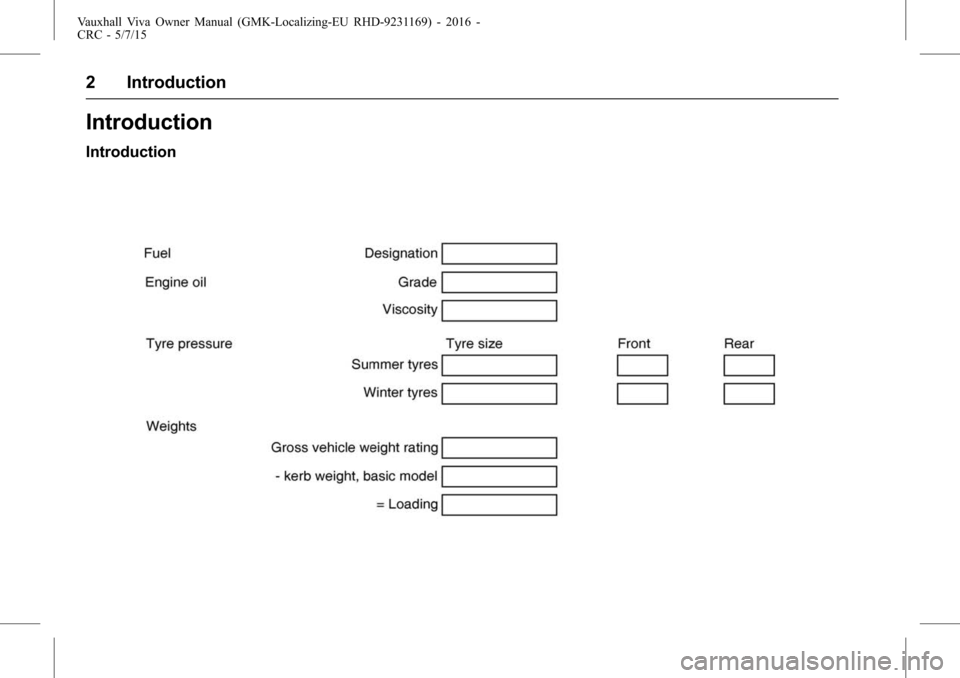 VAUXHALL VIVA 2015.75  Owners Manual Vauxhall Viva Owner Manual (GMK-Localizing-EU RHD-9231169) - 2016 -
CRC - 5/7/15
2 Introduction
Introduction
Introduction 