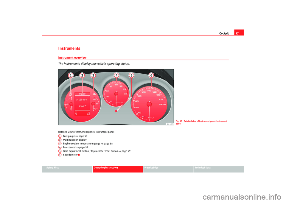 Seat Altea 2009  Owners Manual Cockpit57
Safety First
Operating instructions
Practical tips
Te c h n i c a l  D a t a
InstrumentsInstrument overview
The instruments display the vehicle operating status.Detailed view of instrument p