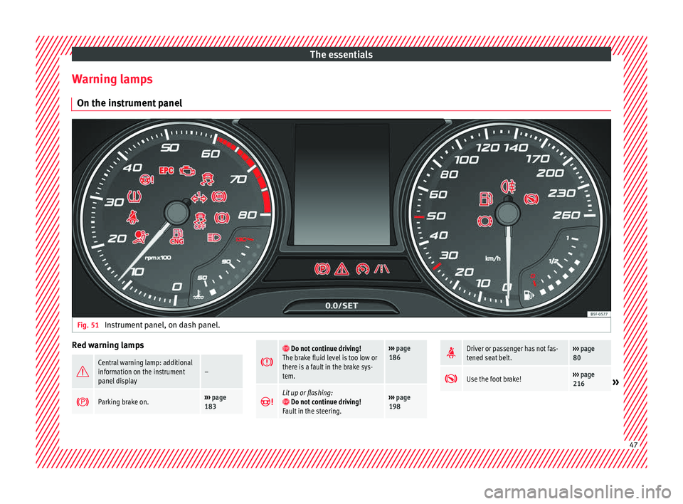 Seat Leon Sportstourer 2017  Owners manual The essentials
Warning lamps On the in s
trument
 panelFig. 51 
Instrument panel, on dash panel. Red warning lamps

Central warning lamp: additional
information on the instrument
panel display–
�