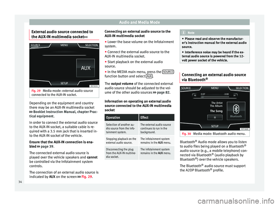 Seat Leon Sportstourer 2015  NAVI SYSTEM PLUS Audio and Media Mode
External audio source connected to
the A UX
-IN mu
ltimedia socketFig. 29 
Media mode: external audio source
c onnect
ed t

o the AUX-IN socket. Depending on the equipment and 