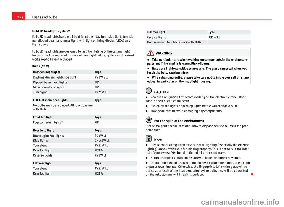 Seat Leon 5D 2013  Owners manual 294Fuses and bulbs
Full-LED headlight system*
Full-LED headlights handle all light functions (daylight, side light, turn sig-
nal, dipped beam and route light) with light emitting diodes (LEDs) as a
l