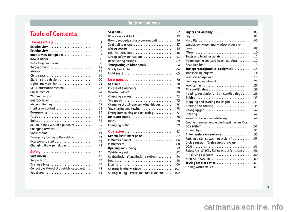 Seat Mii 2017  Owners manual Table of Contents
Table of Contents
The e s
senti
als . . . . . . . . . . . . . . . . . . . . . . . . 5
Exterior view  . . . . . . . . . . . . . . . . . . . . . . . . . . . . 5
Exterior view  . . . . 