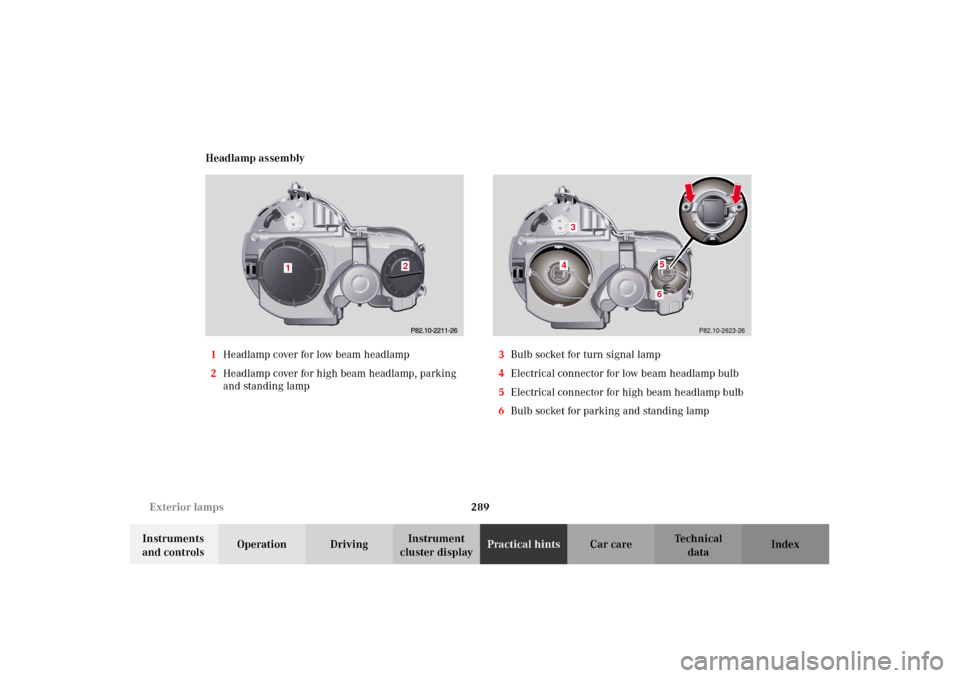 MERCEDES-BENZ E430 2002 W210 Owners Manual 289 Exterior lamps
Technical
data Instruments 
and controlsOperation DrivingInstrument 
cluster displayPractical hintsCar care Index Headlamp assembly
1Headlamp cover for low beam headlamp
2Headlamp c
