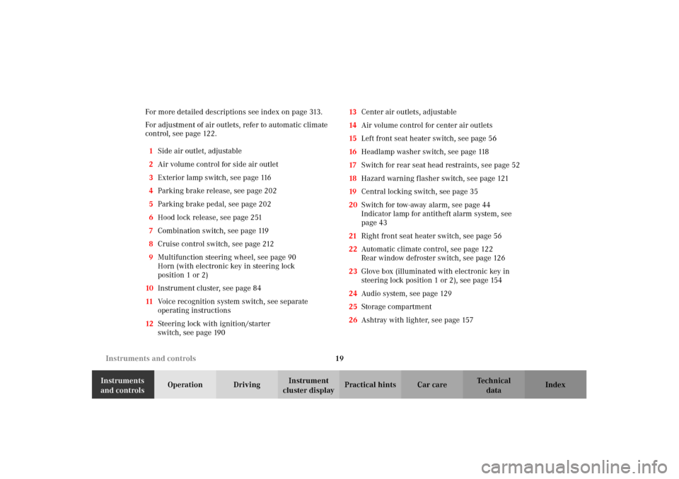 MERCEDES-BENZ CLK55AMG 2002 C208 Owners Manual 19 Instruments and controls
Technical
data Instruments 
and controlsOperation DrivingInstrument 
cluster displayPractical hints Car care Index For more detailed descriptions see index on page 313.
For