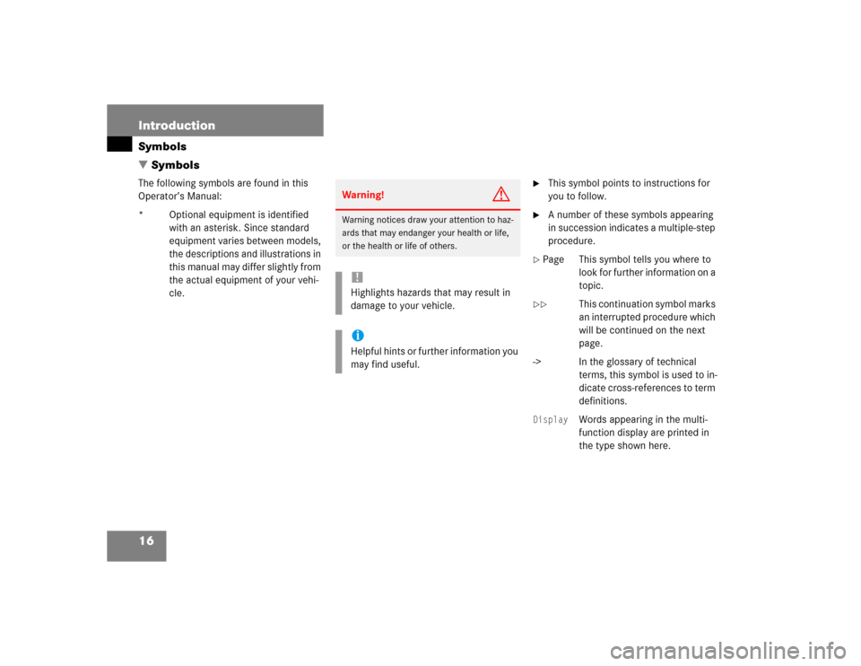 MERCEDES-BENZ G500 2004 W463 Owners Manual 16 IntroductionSymbols
SymbolsThe following symbols are found in this 
Operator’s Manual:
* Optional equipment is identified 
with an asterisk. Since standard 
equipment varies between models, 
the