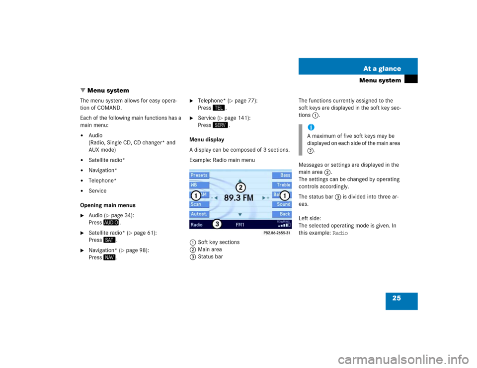 MERCEDES-BENZ E-Class 2004 W211 Comand Manual 25 At a glance
Menu system
 Menu system
The menu system allows for easy opera-
tion of COMAND.
Each of the following main functions has a 
main menu: 
Audio
(Radio, Single CD, CD changer* and 
AUX m