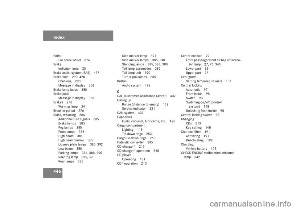 MERCEDES-BENZ C COUPE 2005 CL203 Owners Manual 446 IndexBolts
For spare wheel 376
Brake
Indicator lamp 25
Brake assist system (BAS) 437
Brake fluid 290, 428
Checking 290
Message in display 358
Brake lamp bulbs 385
Brake pads
Message in display 358