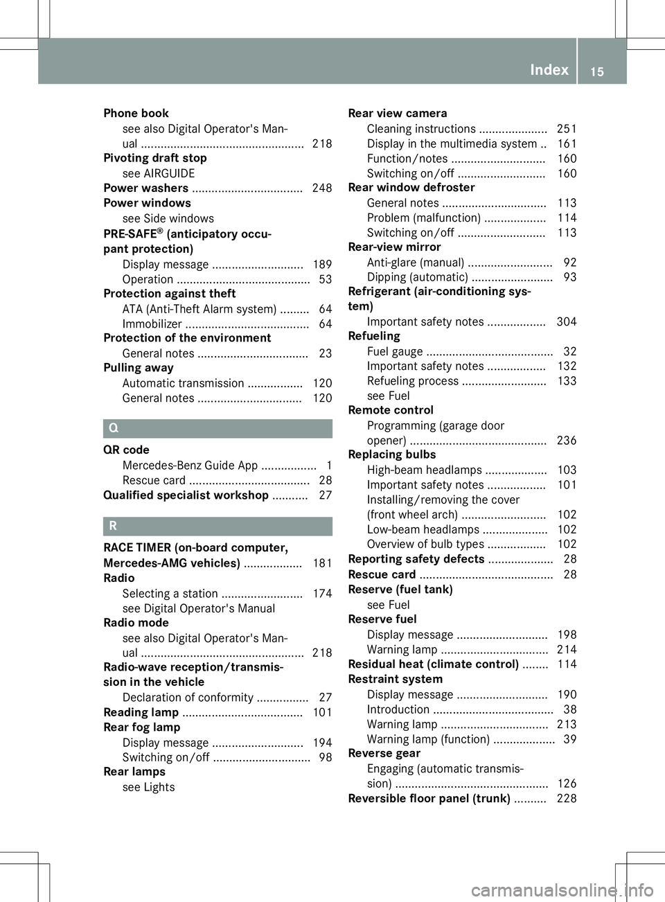 MERCEDES-BENZ SLC ROADSTER 2020  Owners Manual Phone
book
see also Digital Operator's Man-
ual .................................................. 218
Pivoting draftstop
see AIRGUIDE
Power washers ..................................2 48
Pow erwi