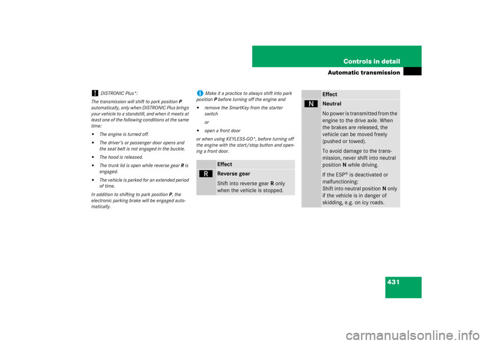 MERCEDES-BENZ S-Class 2008 W221 Comand Manual 431 Controls in detail
Automatic transmission
!
DISTRONIC Plus*:
The transmission will shift to park positionP 
automatically, only when DISTRONIC Plus brings 
your vehicle to a standstill, and when i