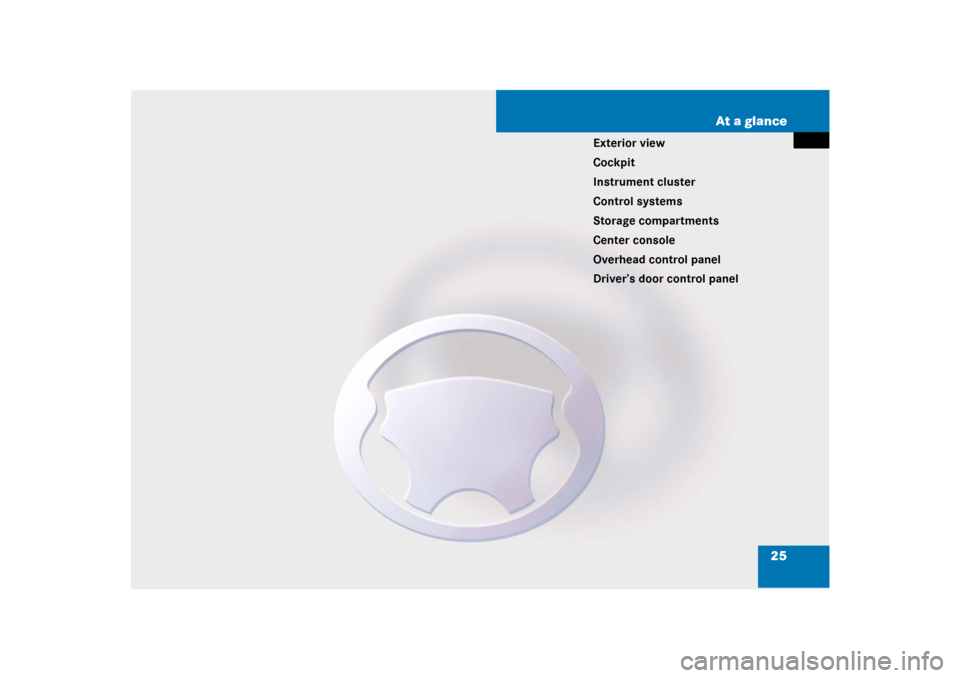 MERCEDES-BENZ CL-Class 2008 C216 Comand Manual 25 At a glance
Exterior view
Cockpit
Instrument cluster
Control systems
Storage compartments
Center console
Overhead control panel
Driver’s door control panel 