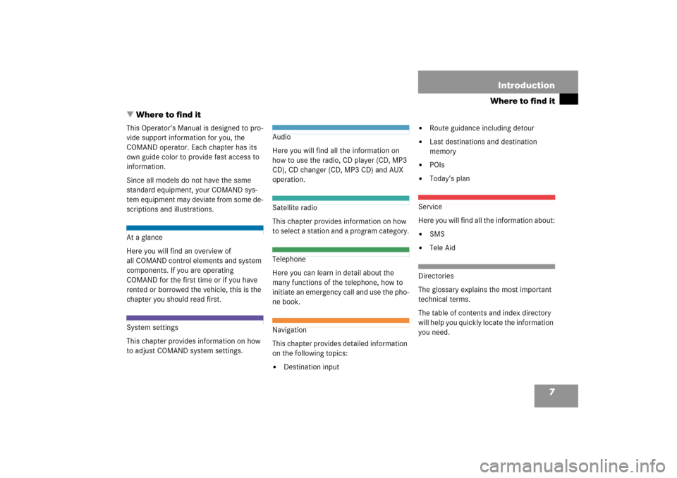 MERCEDES-BENZ CLK-Class 2009 C208 Comand Manual 7
Where to find itIntroduction
 
Where
 to
 find
 it
This Operator’s Manual is designed to pro
-
vide support information for you, the 
COMAND
 operator. Each chapter has its 
own guide color to pr