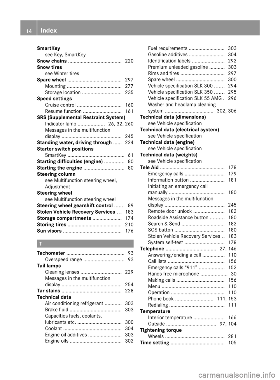 MERCEDES-BENZ SLK300 2010 R171 Owners Manual SmartKey
see Key, SmartKey                                    
Snow chains  ...................................... 220
Snow tires see Winter tires                                        
Spare wheel  