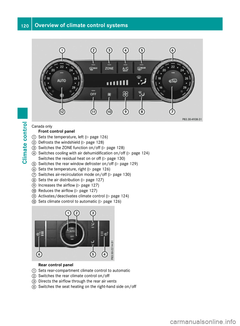 MERCEDES-BENZ GLE-Class 2016 C292 Owners Manual Canada only
Front control panel
:Sets the temperature, left (Ypage 126)
;Defrosts the windshield (Ypage 128)
=Switches the ZONE function on/off (Ypage 128)
?Switches cooling with air dehumidification 