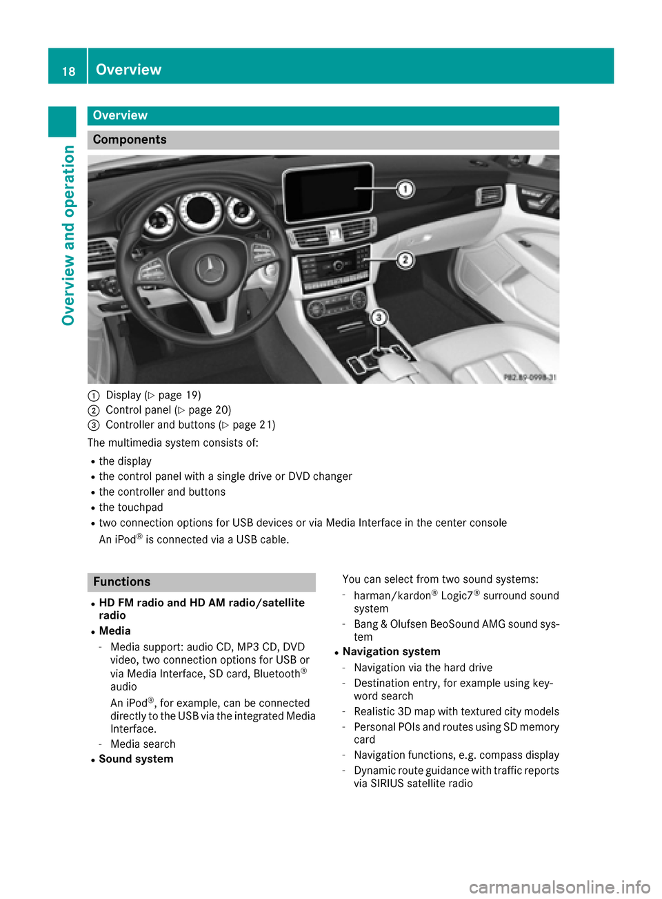 MERCEDES-BENZ SLC-Class 2017 R172 Comand Manual Overview
Components
:Display (Ypage 19)
;Control panel (Ypage 20)
=Controller and buttons (Ypage 21)
The multimedia system consists of:
Rthe display
Rthe control panel with a single drive or DVD chang