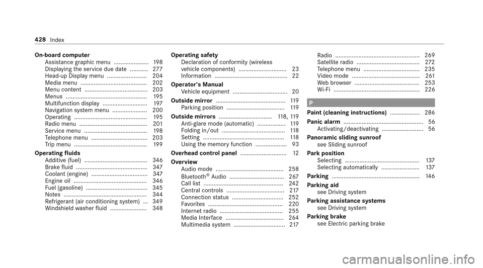 MERCEDES-BENZ E-Class SEDAN 2017 W213 Owners Manual On-boardcomputer
Assis tance graphicm enu ..................... 198
Displ aying thes ervice due dat e........... 277
Head-up Displa ymenu ........................ 204
Media menu ......................