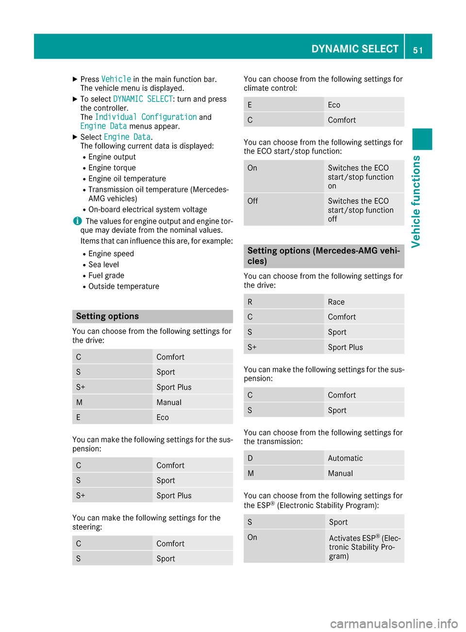 MERCEDES-BENZ CLA-Class 2017 C117 Comand Manual XPressVehiclein the main function bar.
The vehicle menu is displayed.
XTo select DYNAMIC SELECT: turn and press
the controller.
The Individual Configuration
and
Engine Datamenus appear.
XSelect Engine