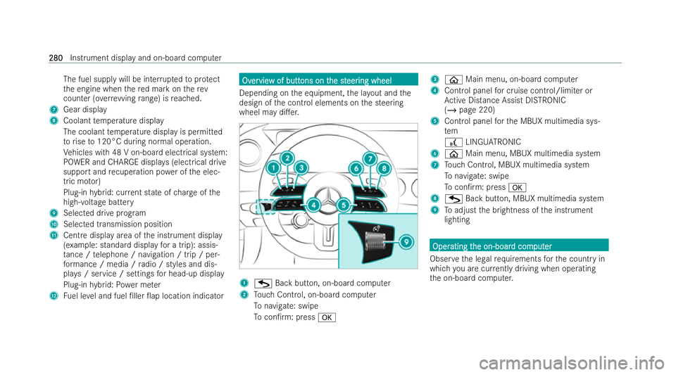 MERCEDES-BENZ AMG GT COUPE 2021  Owners Manual The fuel supply will be inter
rupted toprotect
th e engine when there d mark on therev
counter (o verrev ving range) is reached.
7 Gear displ ay
8 Coolant temp erature display
The coolant temp erature